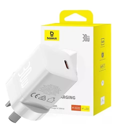 CARGADOR MINI BASEUS USB C GAN5 CARGA RAPIDA 30W MOON WHITE A 220V SIN CABLE